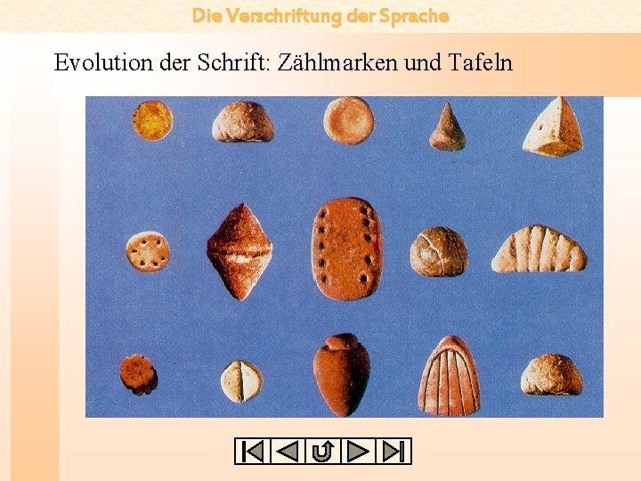 Die Verschriftung der Sprache Evolution der Schrift: Zählmarken und Tafeln 