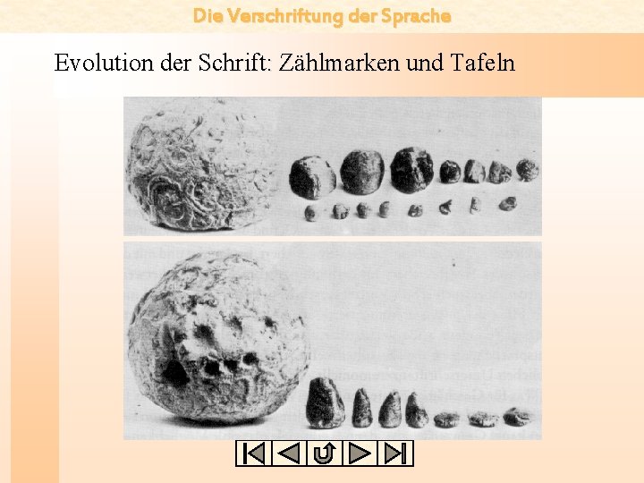 Die Verschriftung der Sprache Evolution der Schrift: Zählmarken und Tafeln 