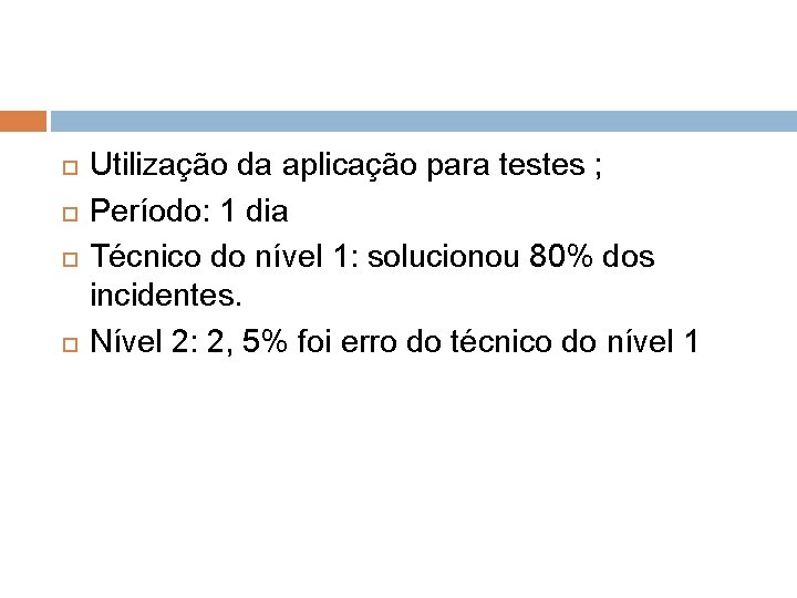  Utilização da aplicação para testes ; Período: 1 dia Técnico do nível 1: