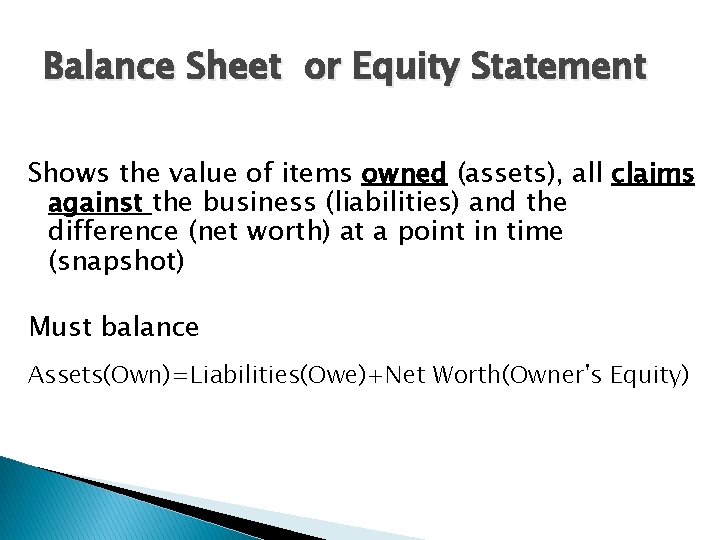 Balance Sheet or Equity Statement Shows the value of items owned (assets), all claims