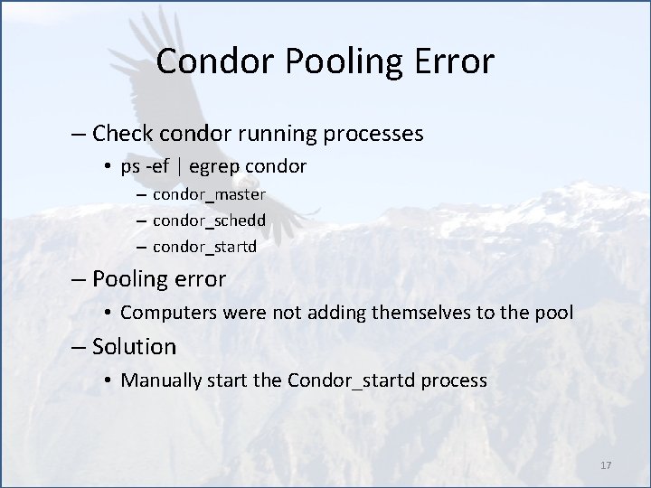 Condor Pooling Error – Check condor running processes • ps -ef | egrep condor