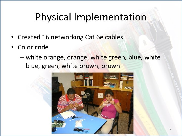 Physical Implementation • Created 16 networking Cat 6 e cables • Color code –