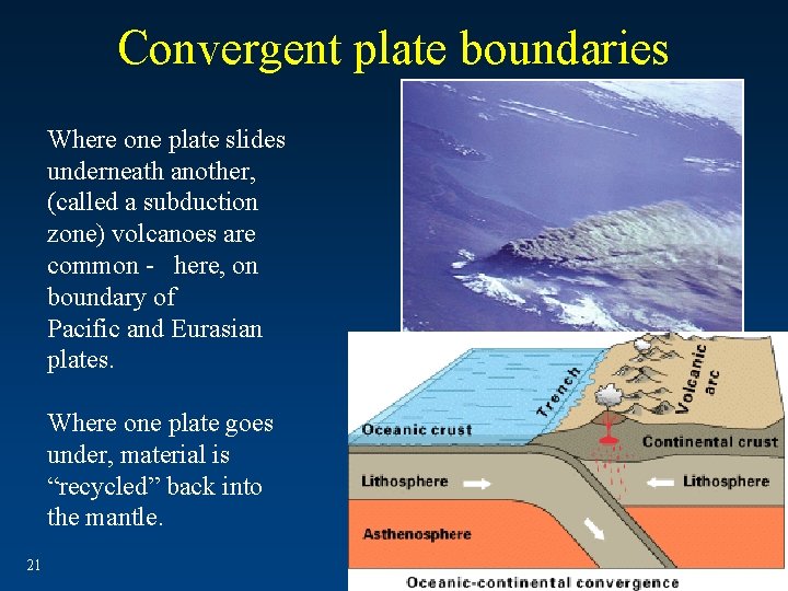 Convergent plate boundaries Where one plate slides underneath another, (called a subduction zone) volcanoes