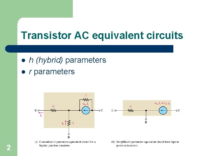 Transistor AC equivalent circuits l l 2 h (hybrid) parameters r parameters 