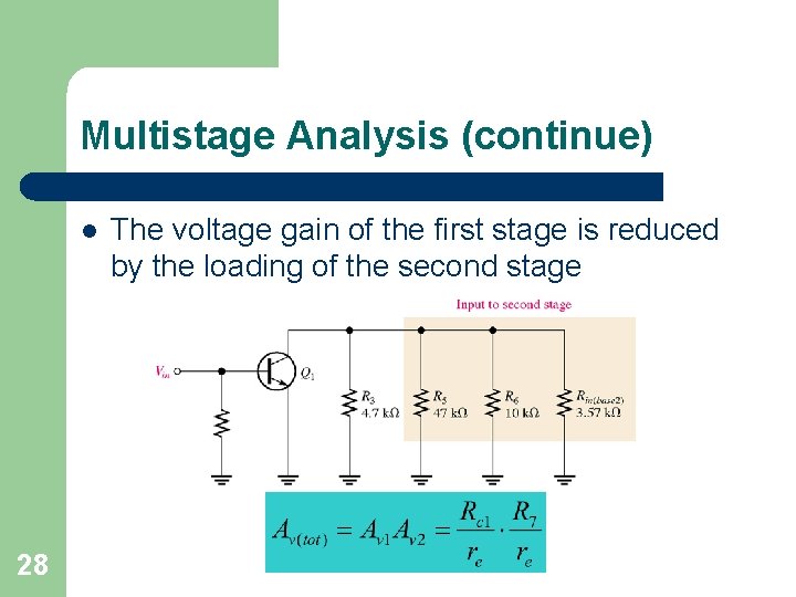 Multistage Analysis (continue) l 28 The voltage gain of the first stage is reduced