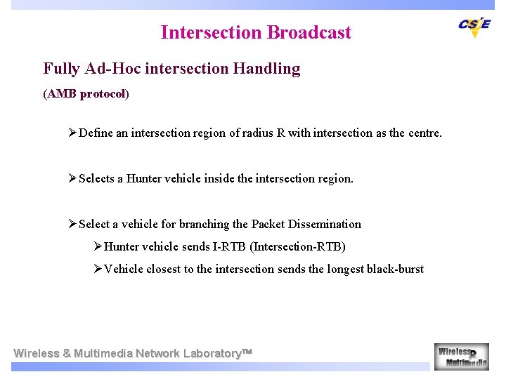 Intersection Broadcast Fully Ad-Hoc intersection Handling (AMB protocol) ØDefine an intersection region of radius