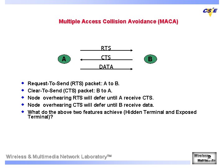 Multiple Access Collision Avoidance (MACA) RTS A CTS B DATA w w w Request-To-Send