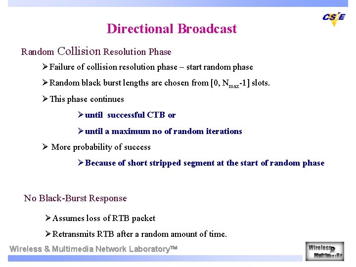 Directional Broadcast Random Collision Resolution Phase ØFailure of collision resolution phase – start random