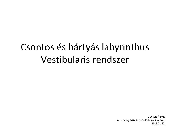 Csontos és hártyás labyrinthus Vestibularis rendszer Dr. Csáki Ágnes Anatómia, Szövet- és Fejlődéstani Intézet