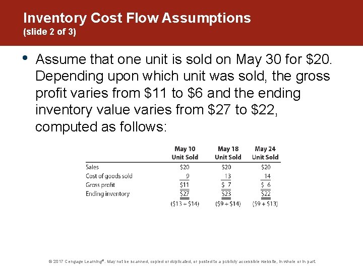 Inventory Cost Flow Assumptions (slide 2 of 3) • Assume that one unit is