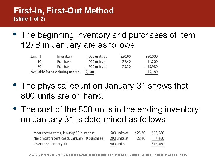 First-In, First-Out Method (slide 1 of 2) • The beginning inventory and purchases of