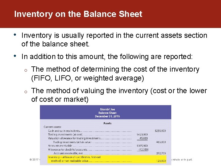 Inventory on the Balance Sheet • Inventory is usually reported in the current assets