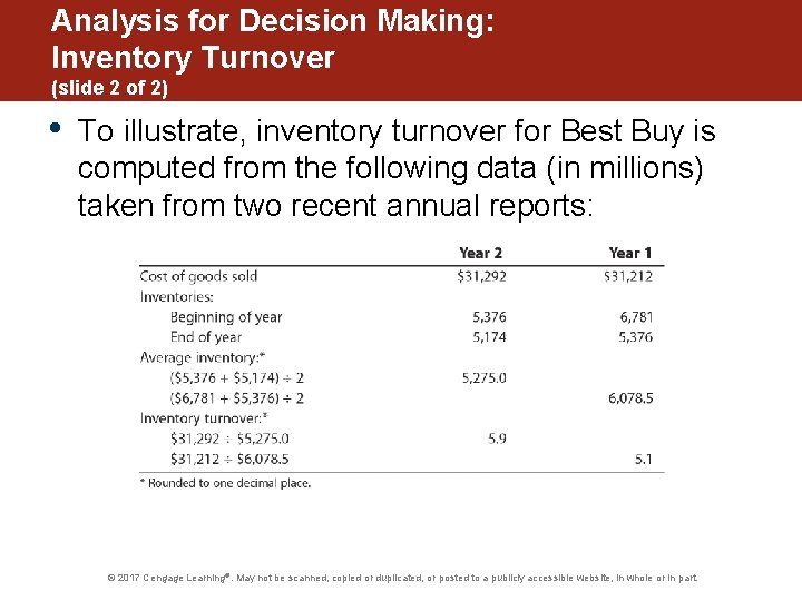 Analysis for Decision Making: Inventory Turnover (slide 2 of 2) • To illustrate, inventory