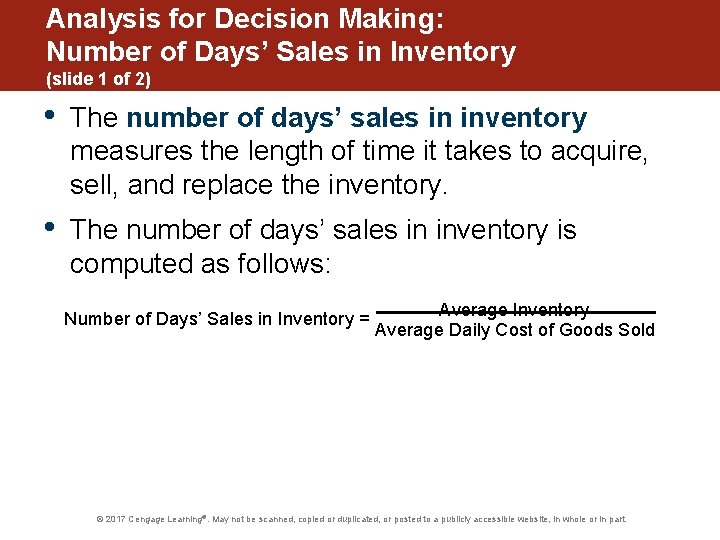 Analysis for Decision Making: Number of Days’ Sales in Inventory (slide 1 of 2)