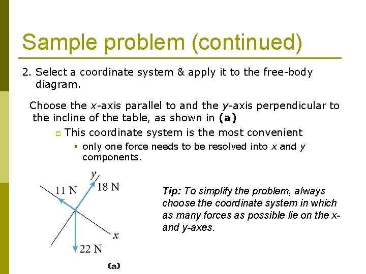 Sample problem (continued) 2. Select a coordinate system & apply it to the free-body