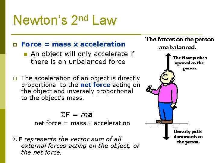 Newton’s 2 nd Law p Force = mass x acceleration n An object will