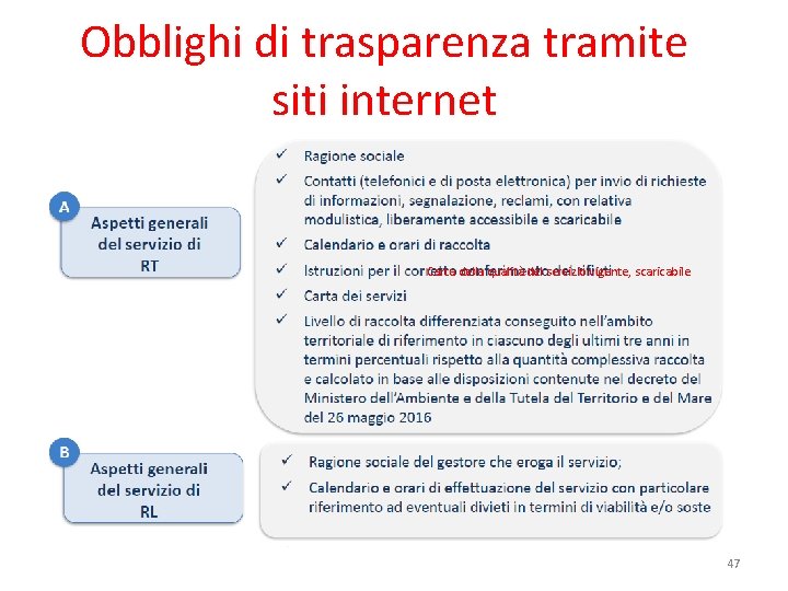 Obblighi di trasparenza tramite siti internet Carta della qualità del servizio vigente, scaricabile 47