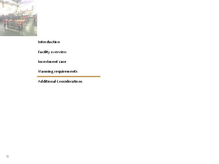 Introduction Facility overview Investment case Manning requirements Additional Considerations 12 Introduction Facility overview Investment case Manning requirements Additional Considerations 12