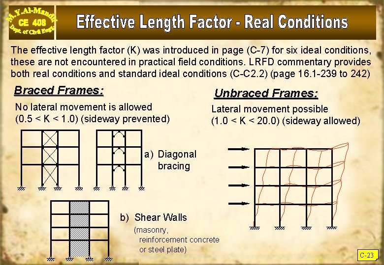 The effective length factor (K) was introduced in page (C-7) for six ideal conditions,