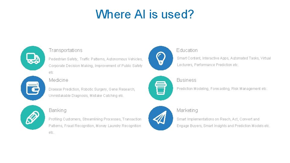 Where AI is used? Transportations Education Pedestrian Safety, Traffic Patterns, Autonomous Vehicles, Smart Content, Where AI is used? Transportations Education Pedestrian Safety, Traffic Patterns, Autonomous Vehicles, Smart Content,