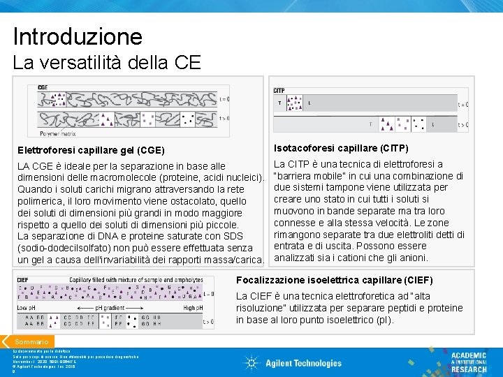 Introduzione La versatilità della CE Elettroforesi capillare gel (CGE) Isotacoforesi capillare (CITP) LA CGE