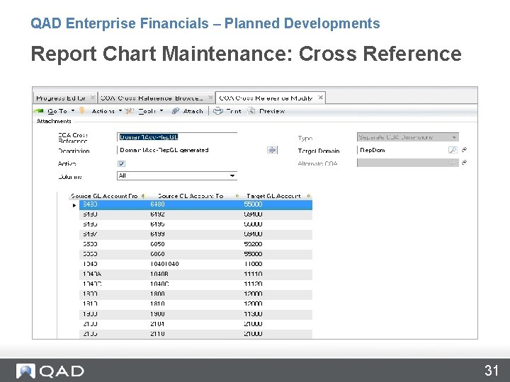 QAD Enterprise Financials – Planned Developments Report Chart Maintenance: Cross Reference 31 