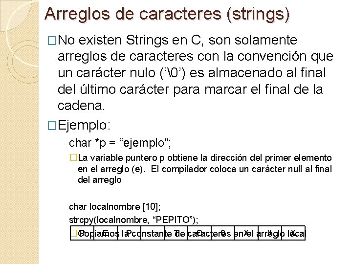 Arreglos de caracteres (strings) �No existen Strings en C, son solamente arreglos de caracteres