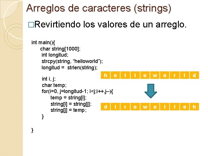 Arreglos de caracteres (strings) �Revirtiendo los valores de un arreglo. int main(){ char string[1000];
