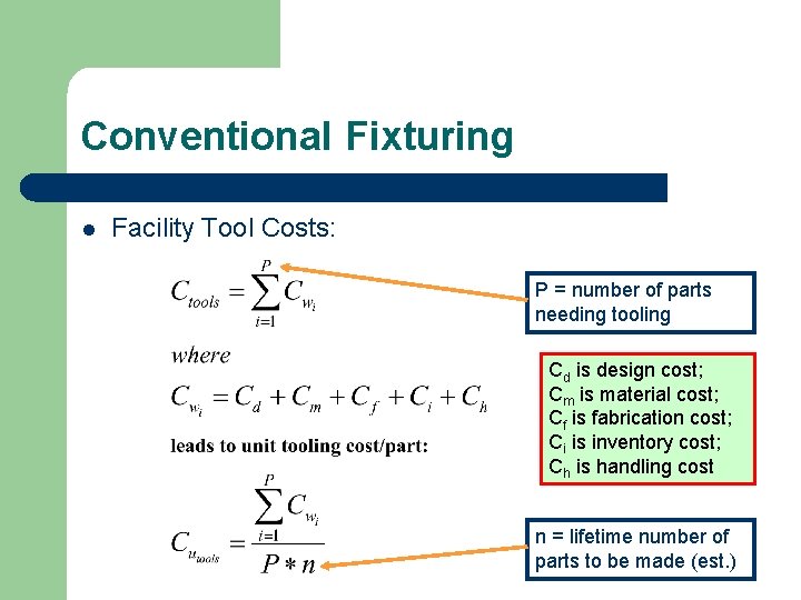 Conventional Fixturing l Facility Tool Costs: P = number of parts needing tooling Cd