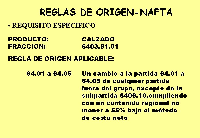 REGLAS DE ORIGEN-NAFTA • REQUISITO ESPECIFICO PRODUCTO: FRACCION: CALZADO 6403. 91. 01 REGLA DE