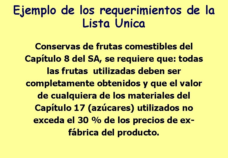 Ejemplo de los requerimientos de la Lista Unica Conservas de frutas comestibles del Capítulo