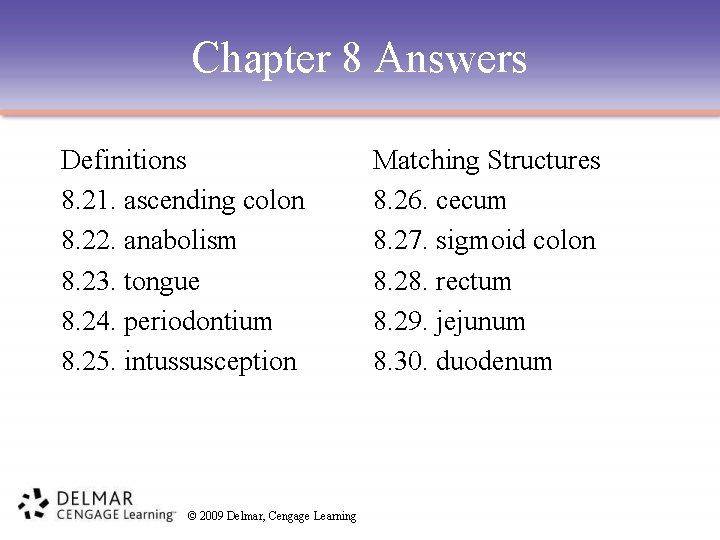 Chapter 8 Answers Definitions 8. 21. ascending colon 8. 22. anabolism 8. 23. tongue