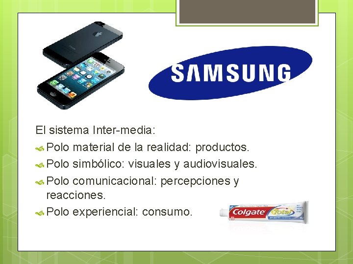El sistema Inter-media: Polo material de la realidad: productos. Polo simbólico: visuales y audiovisuales.