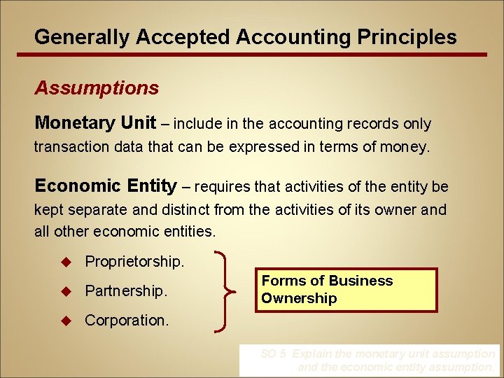 Generally Accepted Accounting Principles Assumptions Monetary Unit – include in the accounting records only