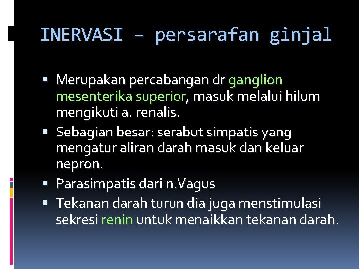 INERVASI – persarafan ginjal Merupakan percabangan dr ganglion mesenterika superior, masuk melalui hilum mengikuti