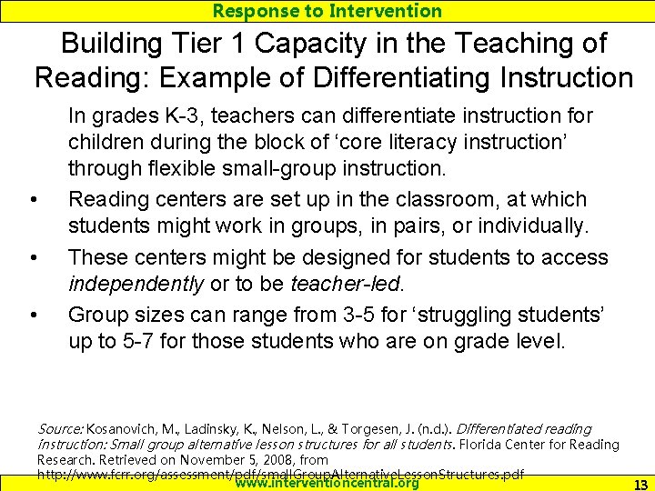 Response to Intervention Building Tier 1 Capacity in the Teaching of Reading: Example of