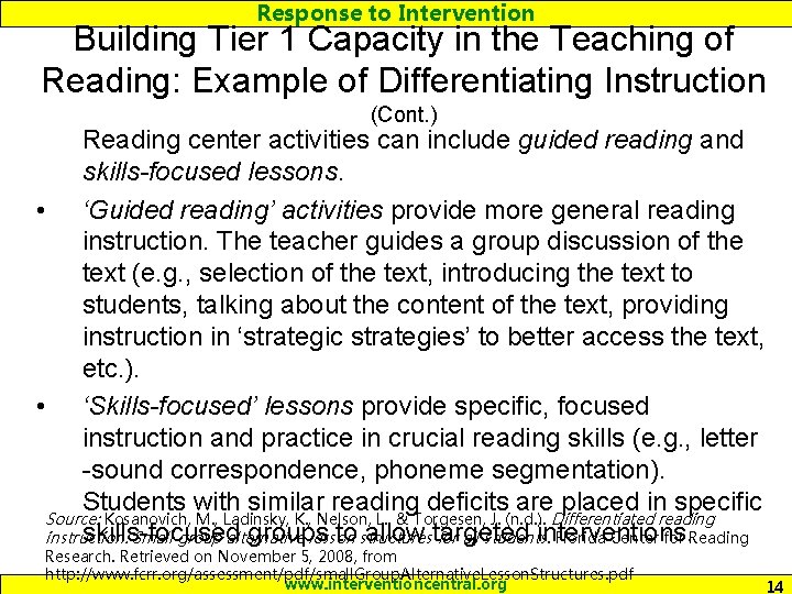 Response to Intervention Building Tier 1 Capacity in the Teaching of Reading: Example of