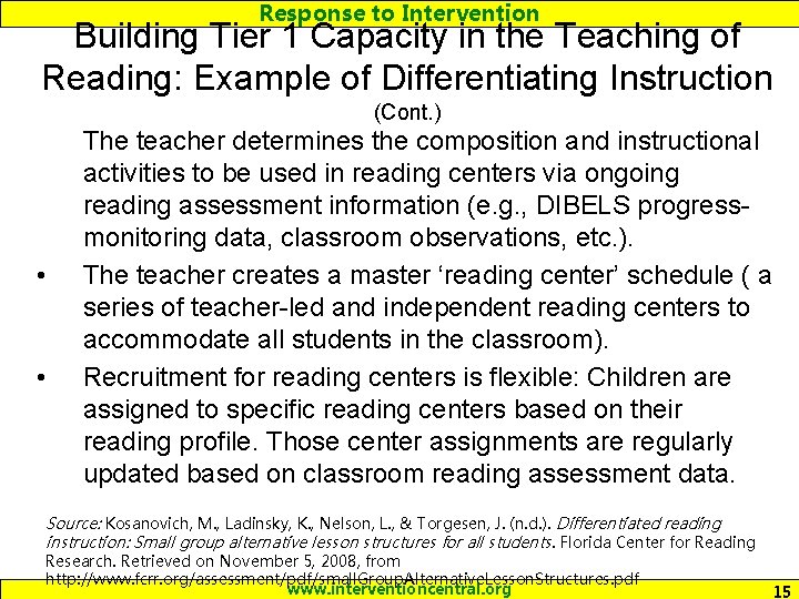 Response to Intervention Building Tier 1 Capacity in the Teaching of Reading: Example of