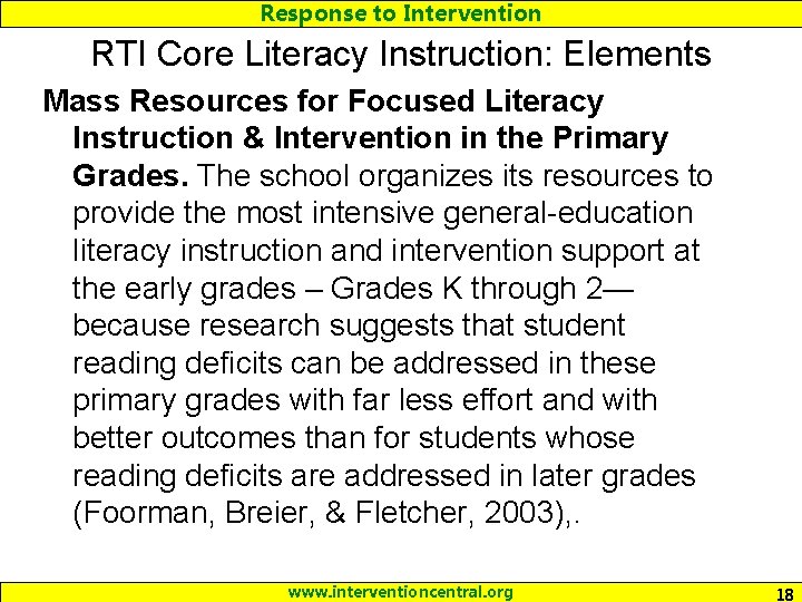 Response to Intervention RTI Core Literacy Instruction: Elements Mass Resources for Focused Literacy Instruction