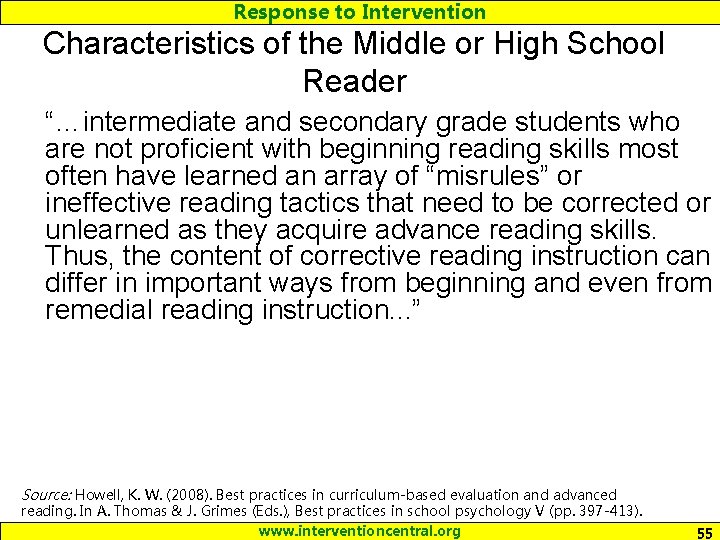 Response to Intervention Characteristics of the Middle or High School Reader “…intermediate and secondary
