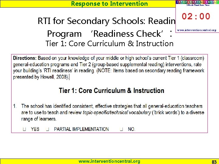 Response to Intervention RTI for Secondary Schools: Reading Program ‘Readiness Check’: Tier 1: Core