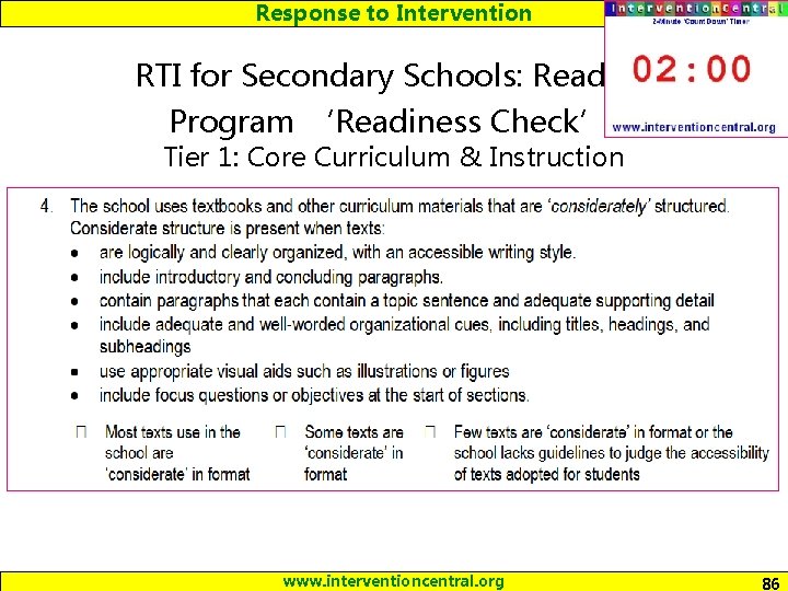 Response to Intervention RTI for Secondary Schools: Reading Program ‘Readiness Check’: Tier 1: Core