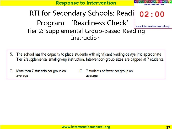 Response to Intervention RTI for Secondary Schools: Reading Program ‘Readiness Check’: Tier 2: Supplemental