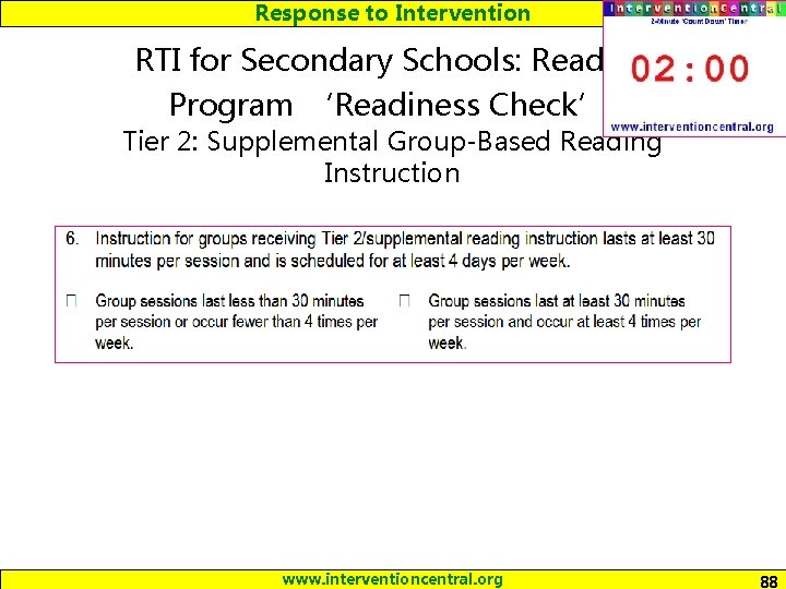 Response to Intervention RTI for Secondary Schools: Reading Program ‘Readiness Check’: Tier 2: Supplemental