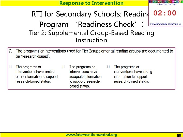 Response to Intervention RTI for Secondary Schools: Reading Program ‘Readiness Check’: Tier 2: Supplemental