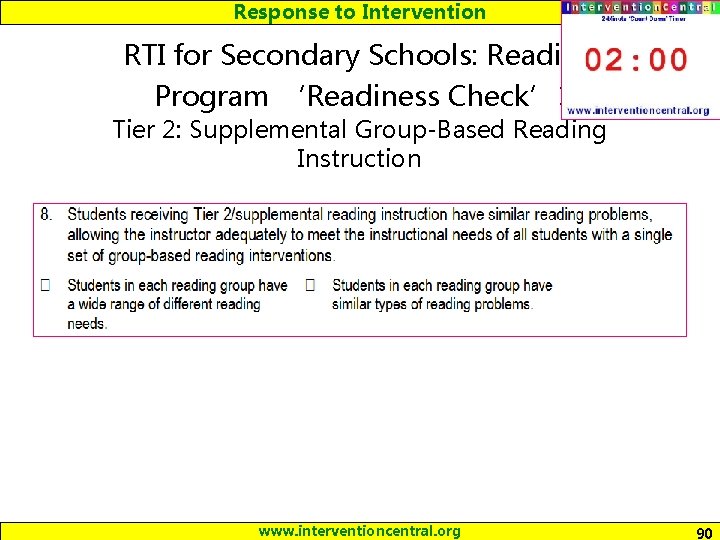 Response to Intervention RTI for Secondary Schools: Reading Program ‘Readiness Check’: Tier 2: Supplemental