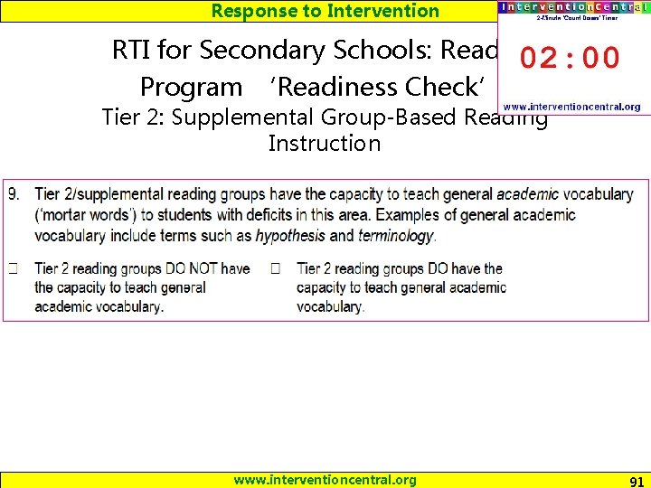 Response to Intervention RTI for Secondary Schools: Reading Program ‘Readiness Check’: Tier 2: Supplemental