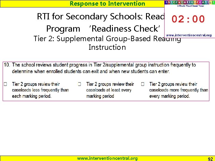 Response to Intervention RTI for Secondary Schools: Reading Program ‘Readiness Check’: Tier 2: Supplemental