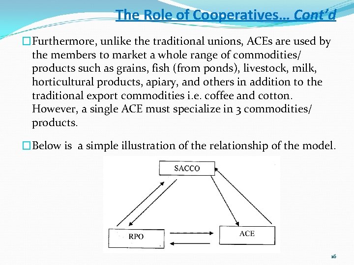 The Role of Cooperatives… Cont’d �Furthermore, unlike the traditional unions, ACEs are used by