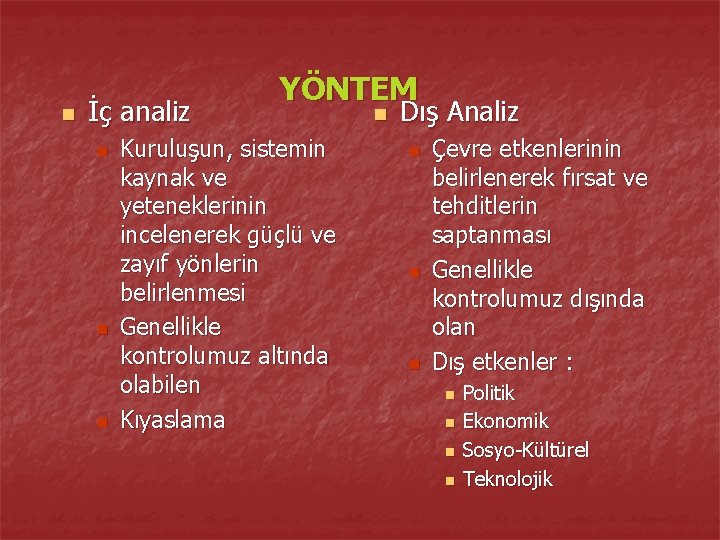 n İç analiz n n n YÖNTEM Kuruluşun, sistemin kaynak ve yeteneklerinin incelenerek güçlü